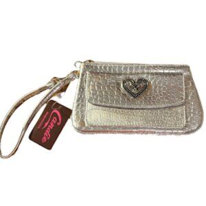 NWT Candies~Metallic Silver Croc-Embossed Wristlet~ Silver Heart Medallion (D21)